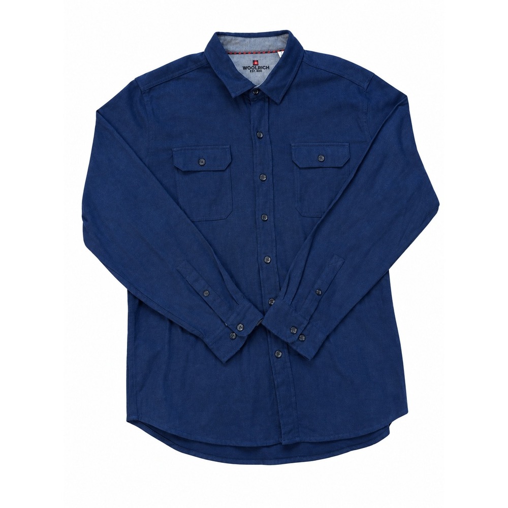 Woolrich Men's Blue Herringbone Cotton Long Sleeve